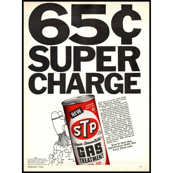1968 STP Gas Treatment 65¢ Supercharge Vintage Print Ad Rocket Boost Wall Art - Picture 1 of 1
